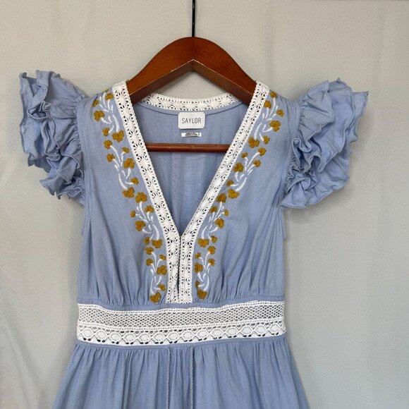 SAYLOR YUMI Cotton Linen Blue Ruffle Sleeve Lace Embroidered  Maxi Dress Size S - Picture 3 of 17
